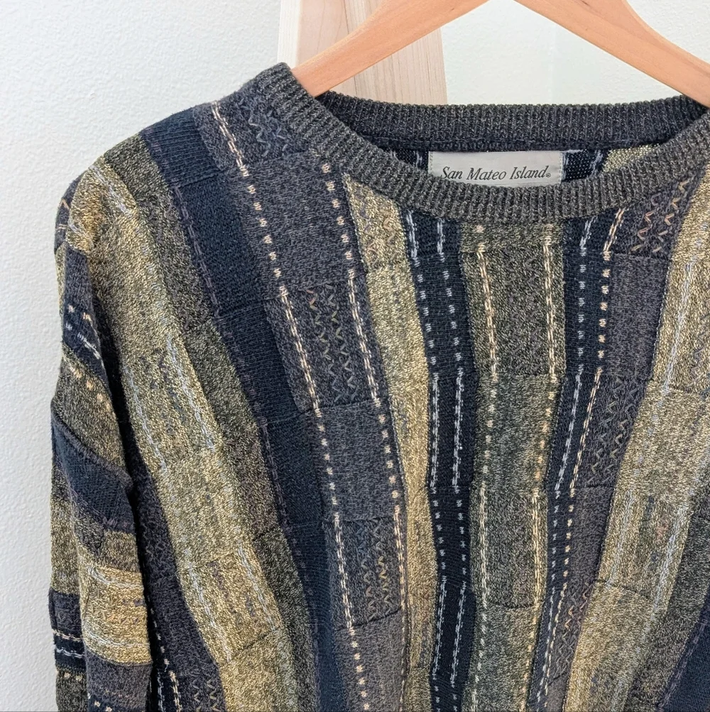 ✨SOLD✨Vintage Coogi Style Textured Earthy Neutral Crewneck Sweater In Navy - Picture 3 of 11